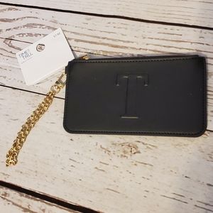 Time and Tru women's vinyl monogram initial wristlet black with goldtone chain